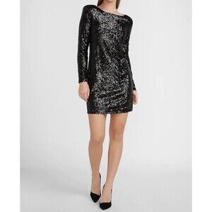 Express Sequin Midi Party Dress Long Sleeve Black Size XS